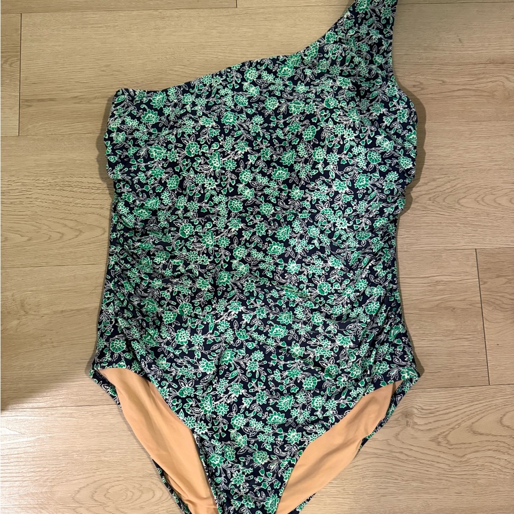 J. Crew Navy Floral One-Shoulder Swimsuit with Mint Accents